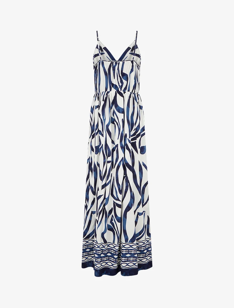 Robe longue élastiquée à imprimé fantaisie - Marine