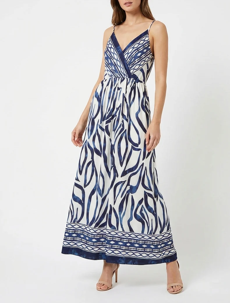 Robe longue élastiquée à imprimé fantaisie - Marine