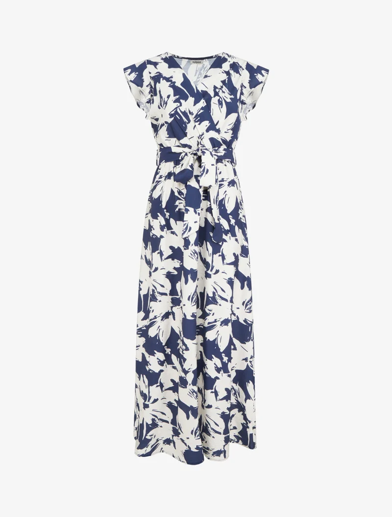 Robe longue imprimé fleurs tropicales à manches courtes - Marine