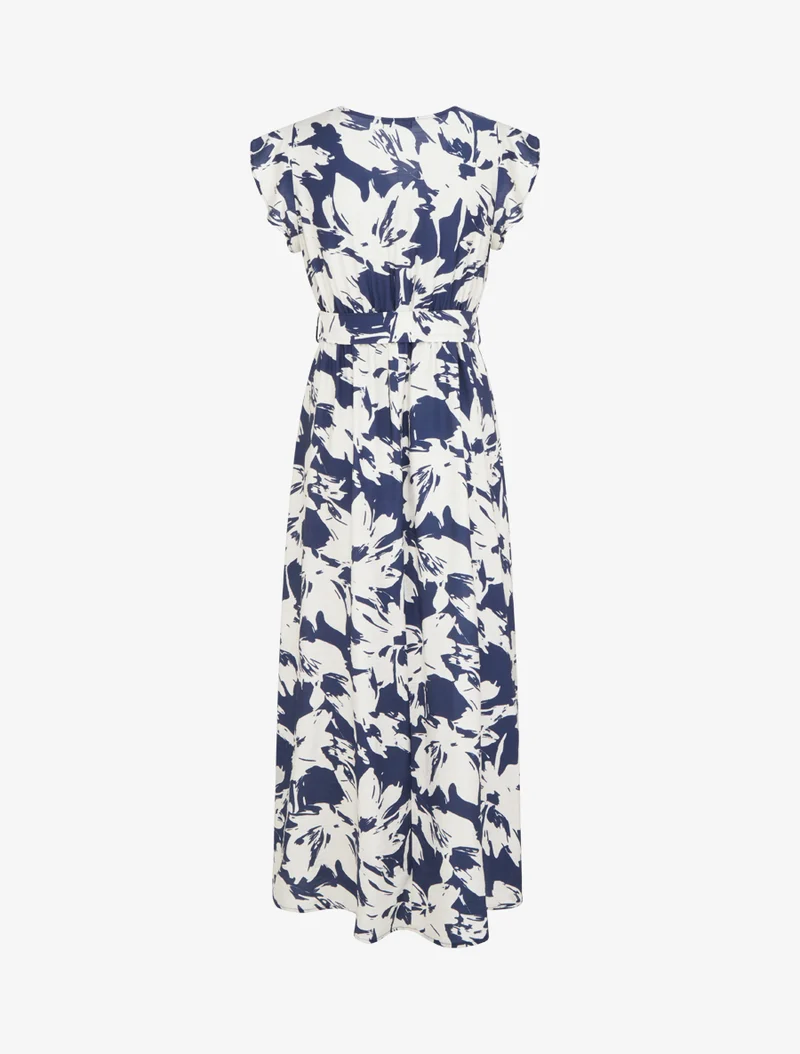 Robe longue imprimé fleurs tropicales à manches courtes - Marine