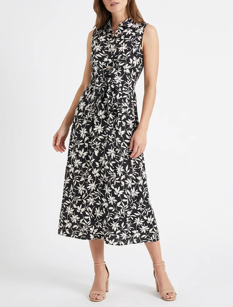 Robe fleurie sans manches à noeud - Noir