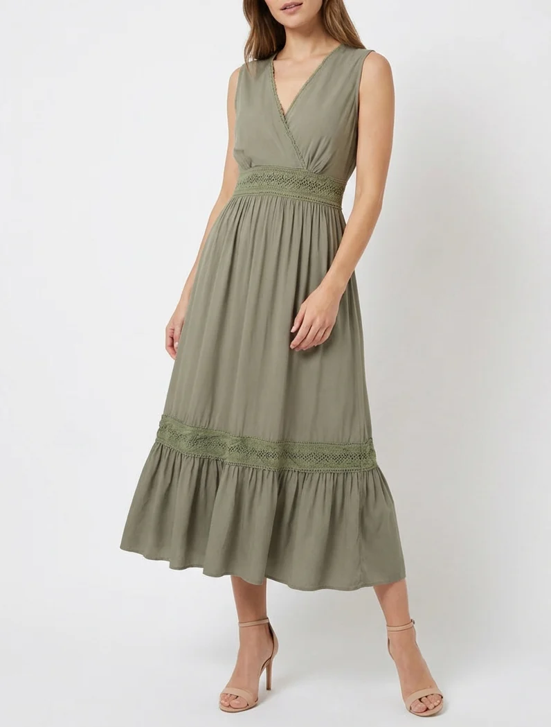 Robe sans manches à broderies - Kaki