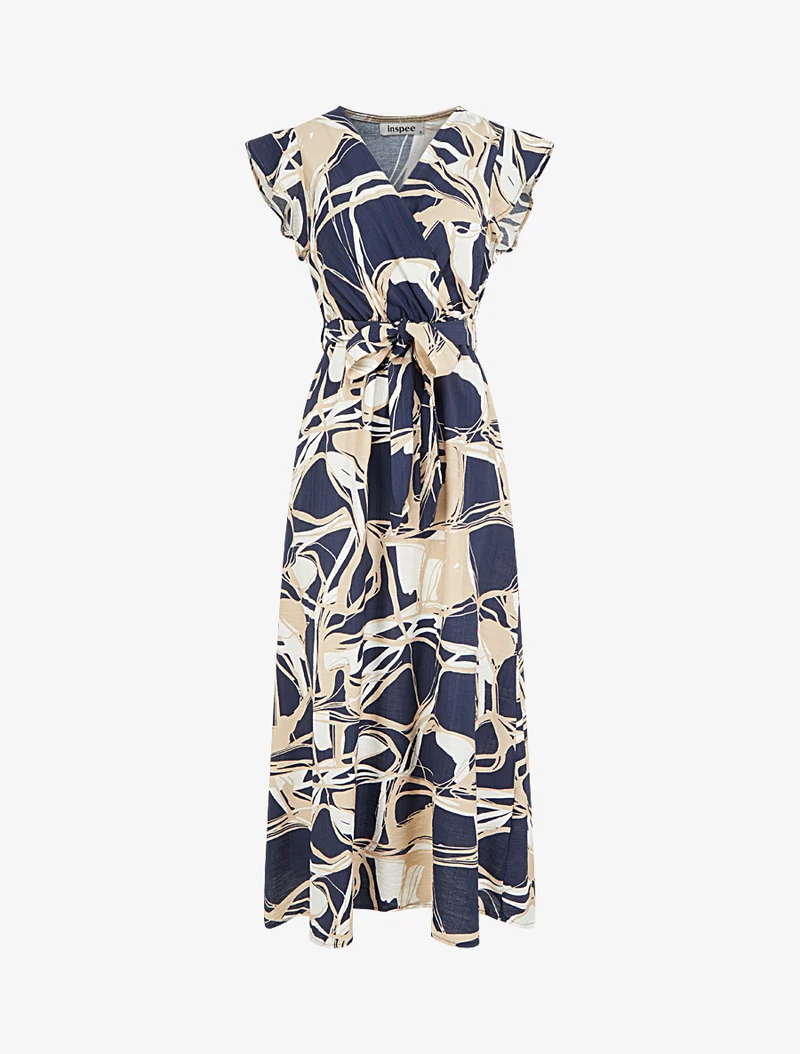 Robe longue évasée imprimé fantaisie - Marine