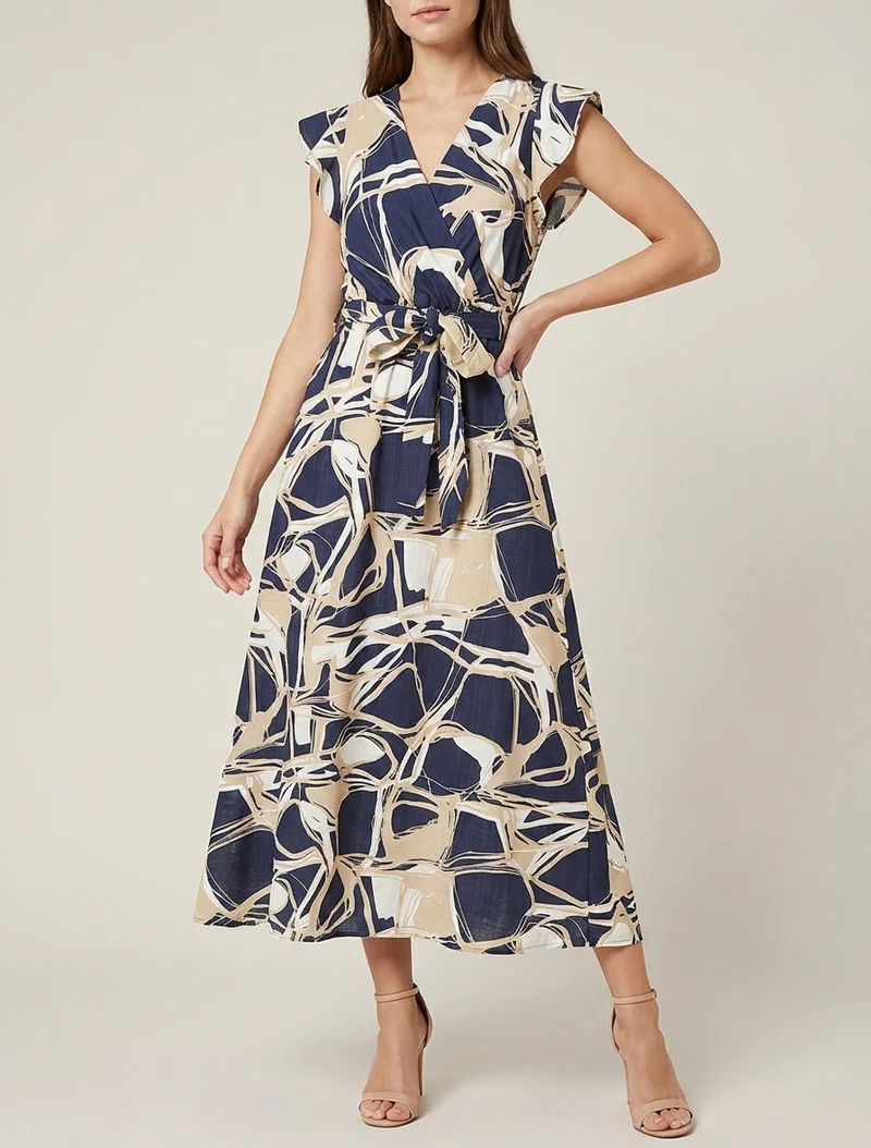 Robe longue évasée imprimé fantaisie - Marine