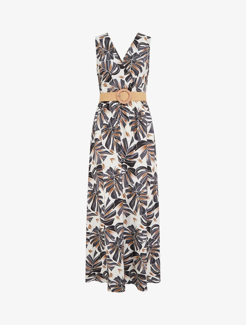Robe longue évasée sans manches imprimé tropical - Noir