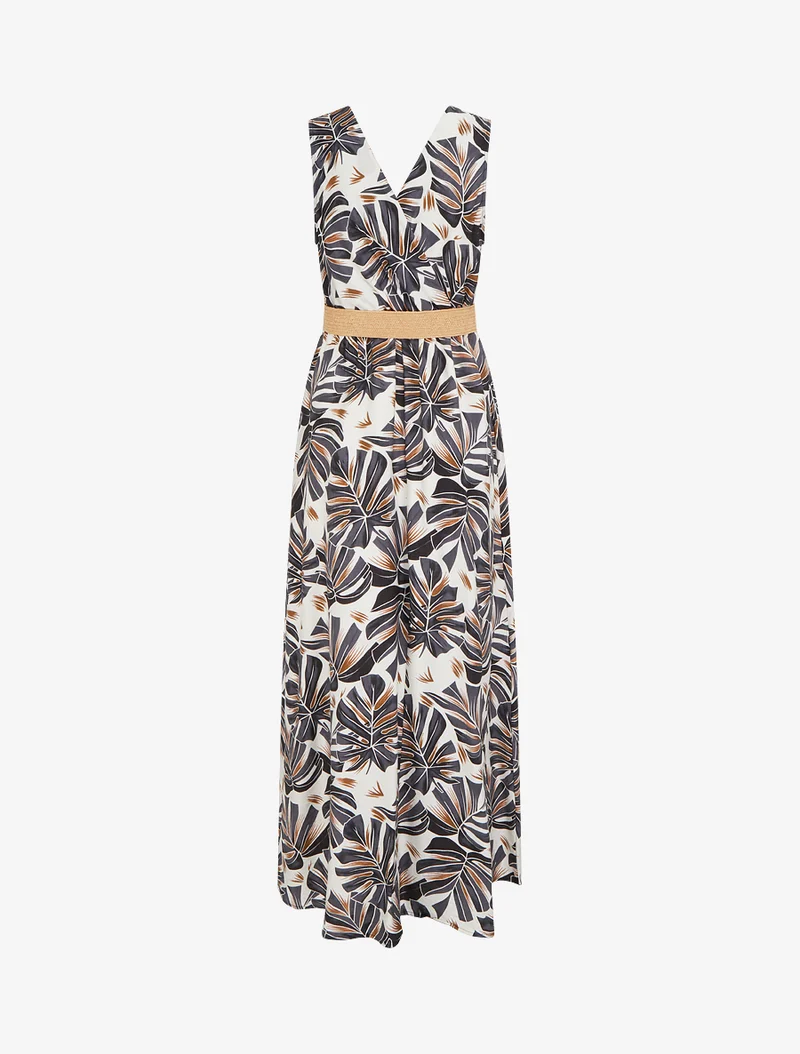 Robe longue évasée sans manches imprimé tropical - Noir