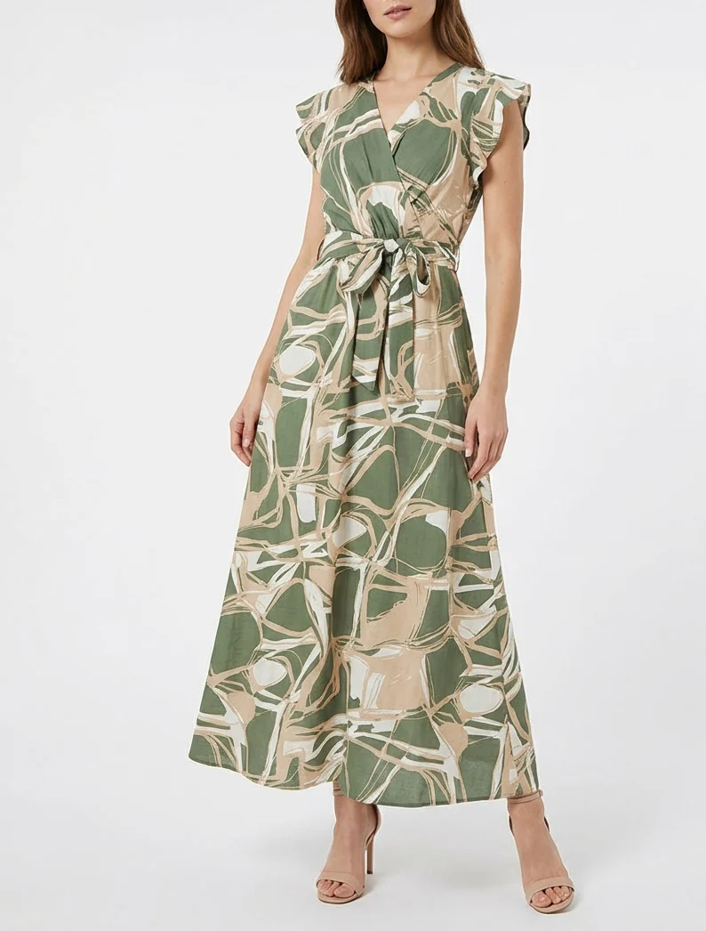 Robe longue évasée imprimé fantaisie - Kaki