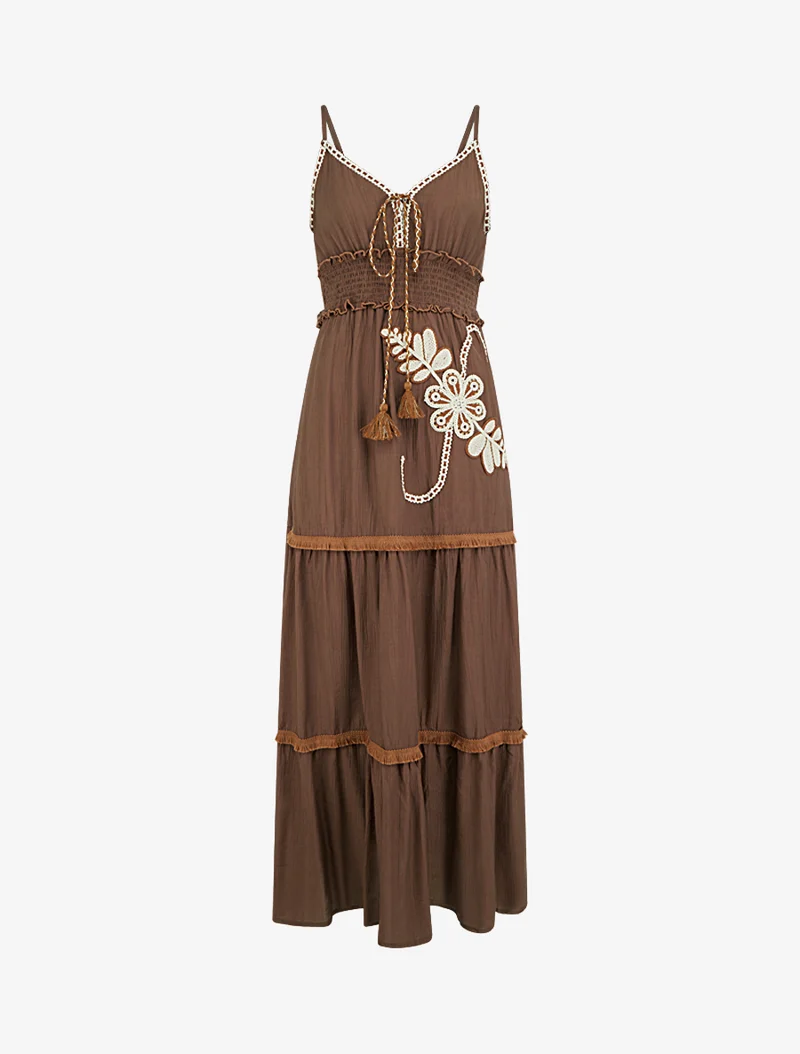 Robe longue à fines bretelles et broderie florale - Marron