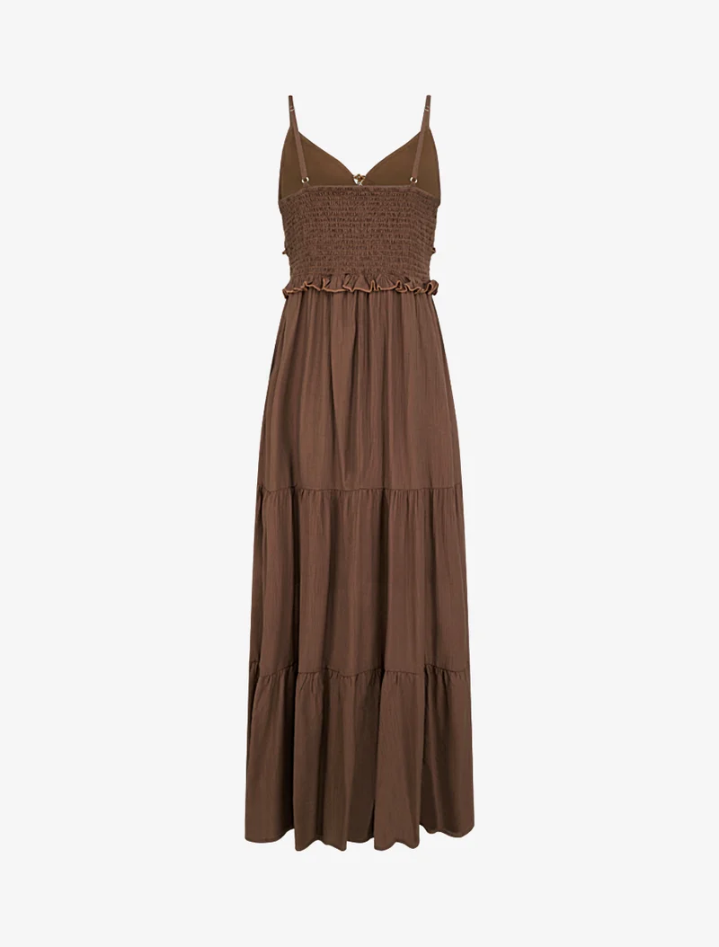 Robe longue à fines bretelles et broderie florale - Marron