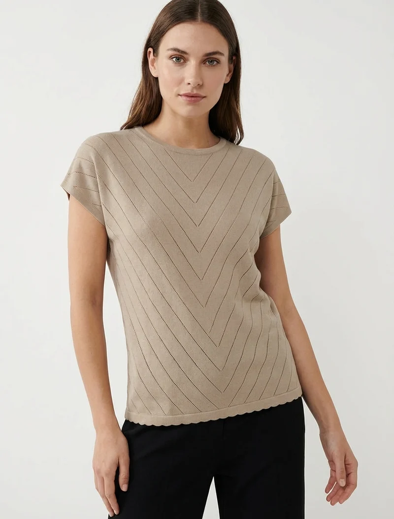 Top uni ajouré à col rond - Taupe
