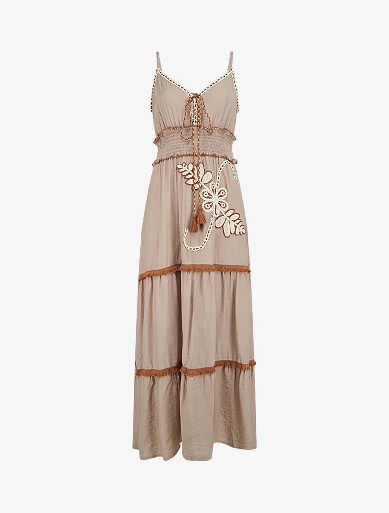 Robe longue à fines bretelles et broderie florale - Taupe