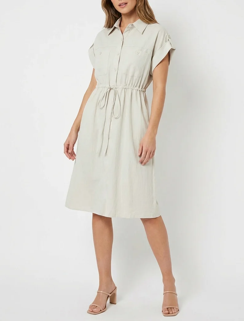 Robe droite unie à manches courtes - Beige