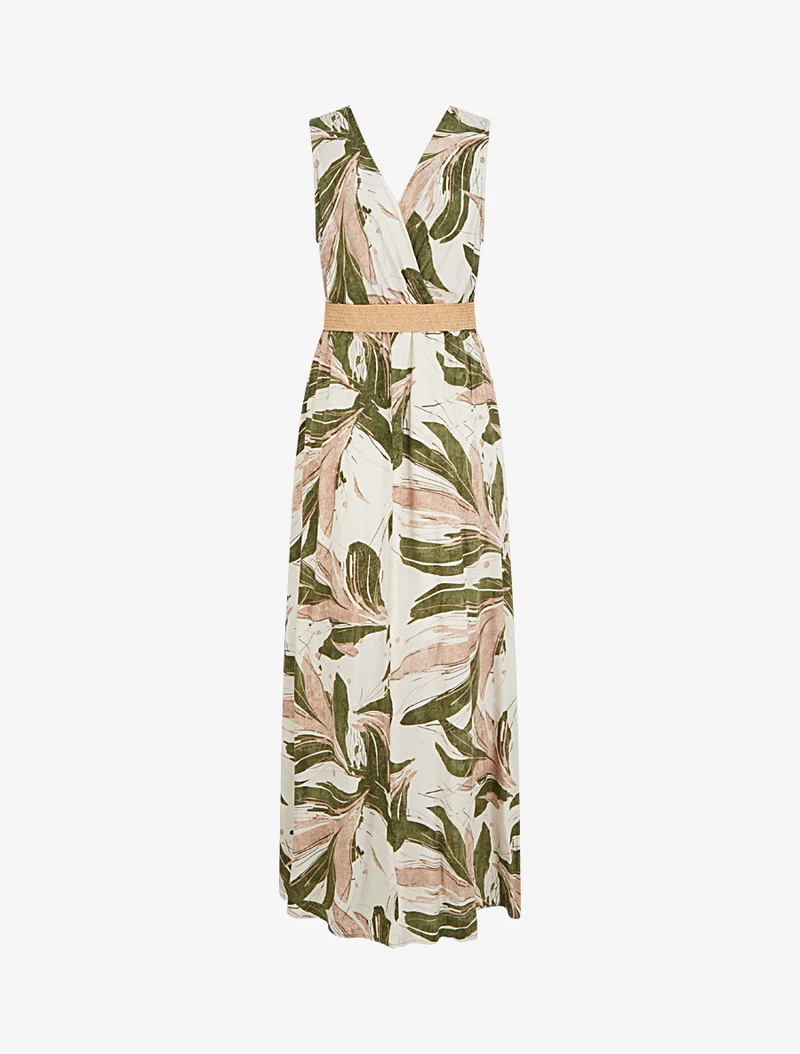 Robe longue évasée sans manches imprimé fantaisie - Kaki