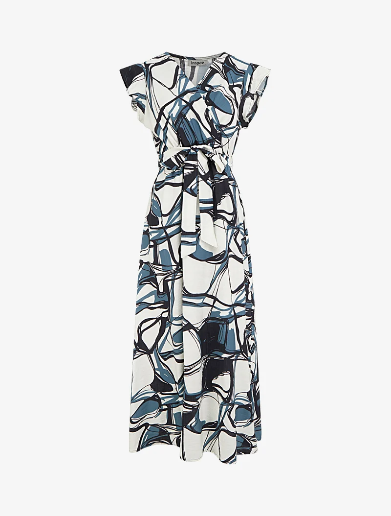 Robe longue évasée imprimé fantaisie - Bleu/blanc