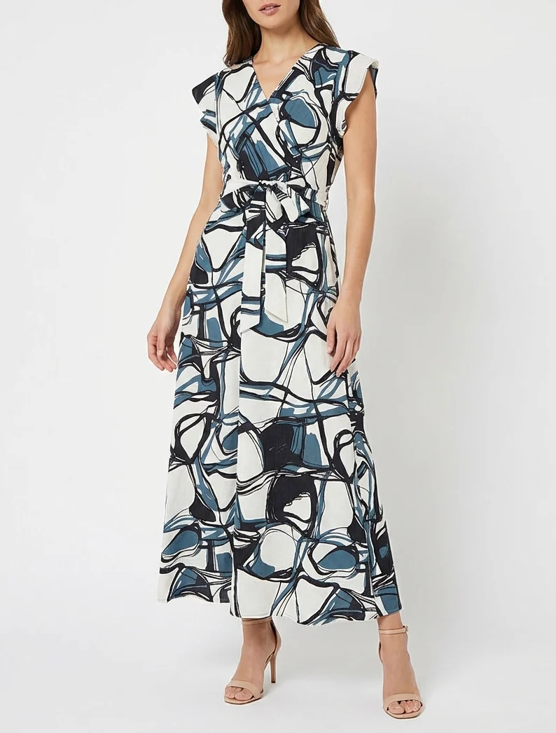 Robe longue évasée imprimé fantaisie - Bleu/blanc