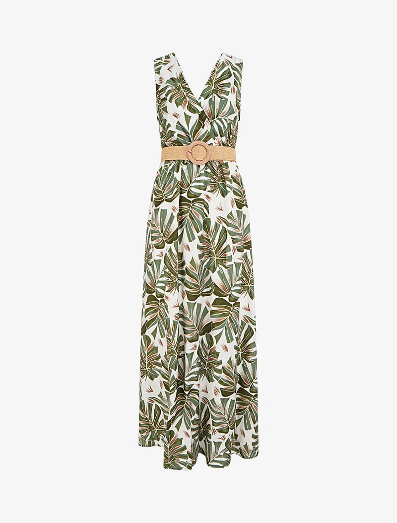 Robe longue évasée sans manches imprimé tropical - Kaki