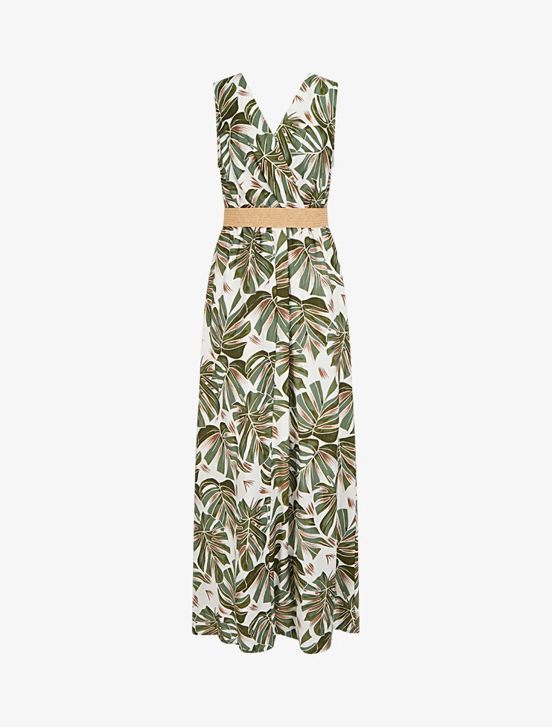 Robe longue évasée sans manches imprimé tropical - Kaki