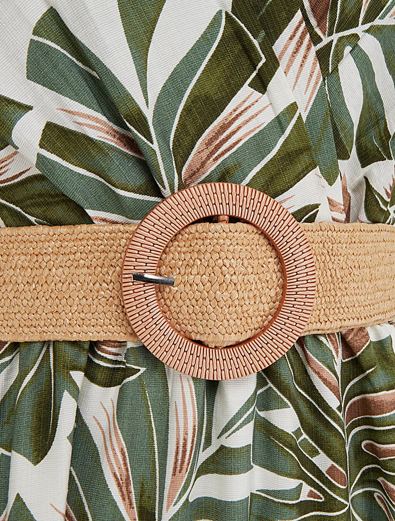 Robe longue évasée sans manches imprimé tropical - Kaki