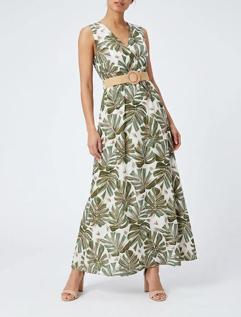 Robe longue évasée sans manches imprimé tropical - Kaki