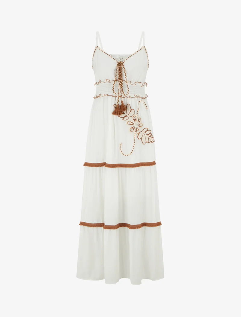 Robe longue à fines bretelles et broderie florale - Blanc
