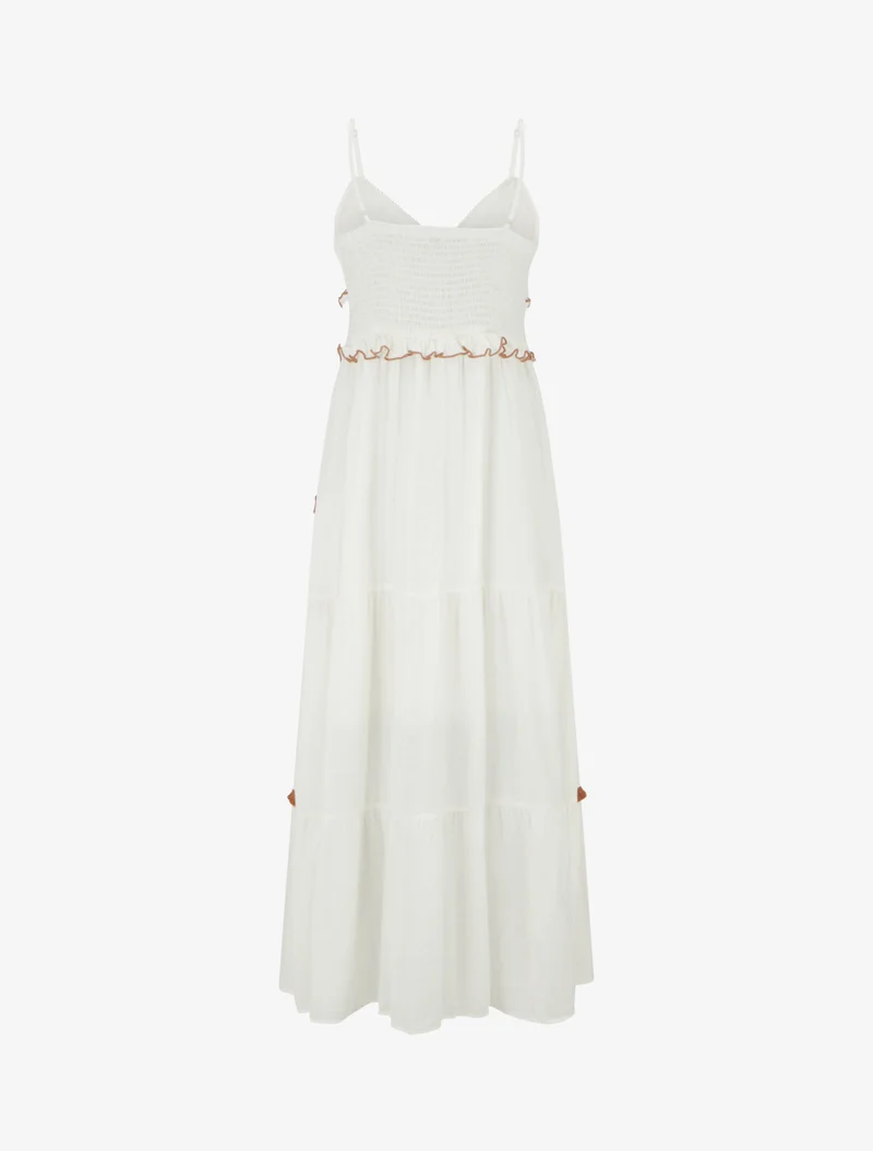 Robe longue à fines bretelles et broderie florale - Blanc