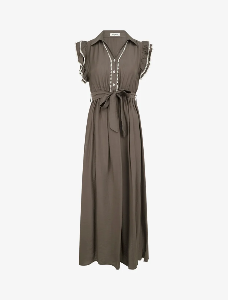 Robe longue à mancherons volantés en crochet - Marron
