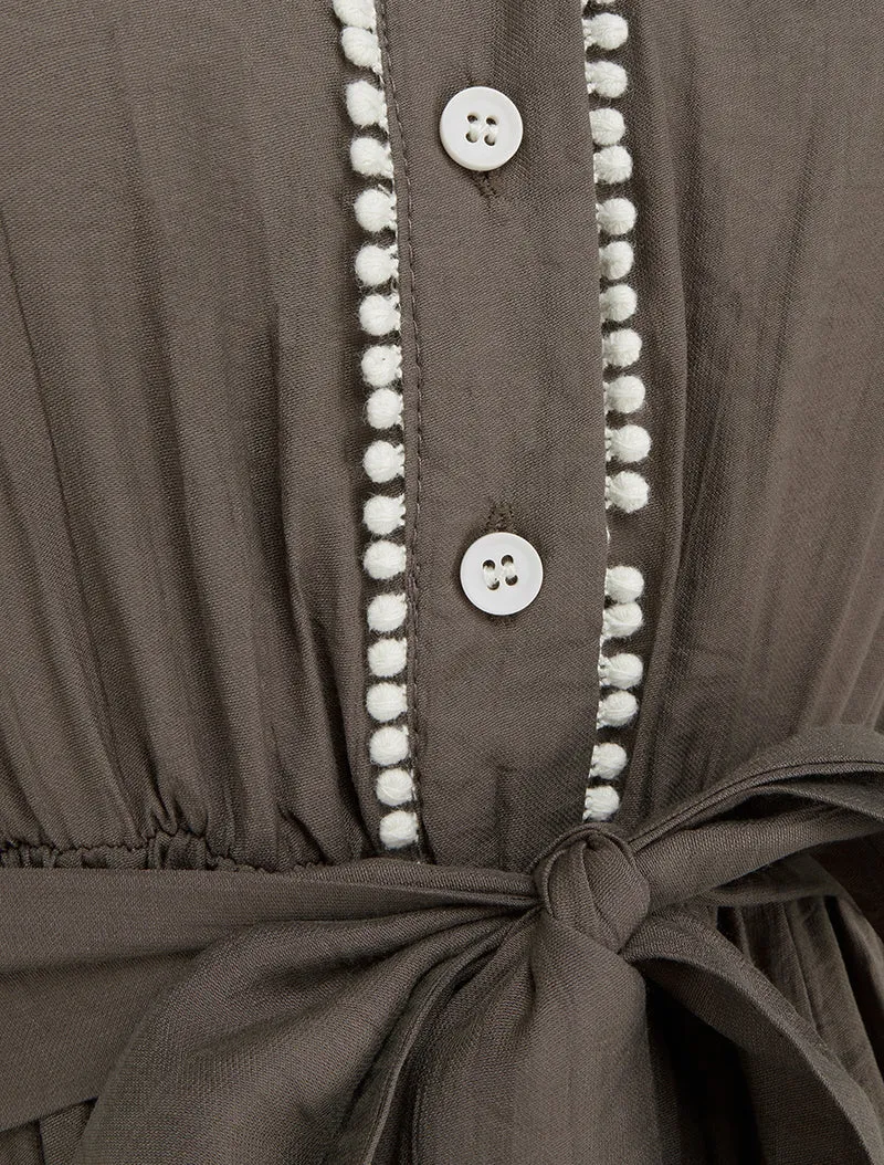 Robe longue à mancherons volantés en crochet - Marron