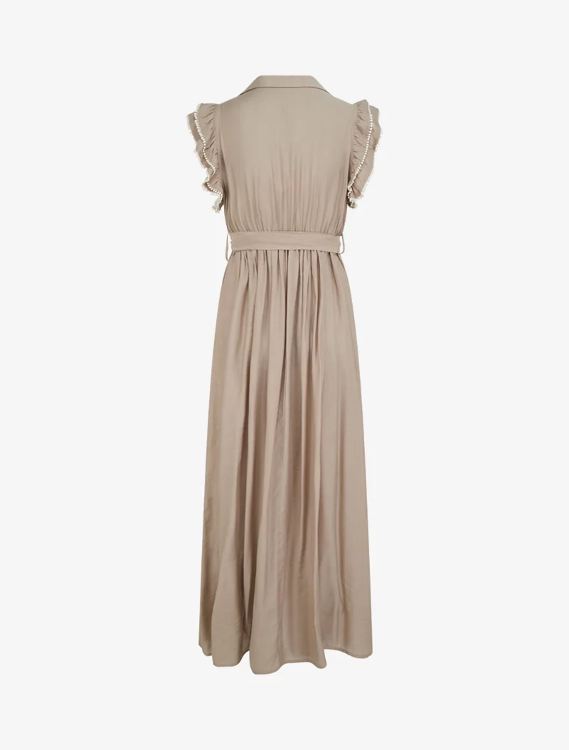 Robe longue à mancherons volantés en crochet - Taupe