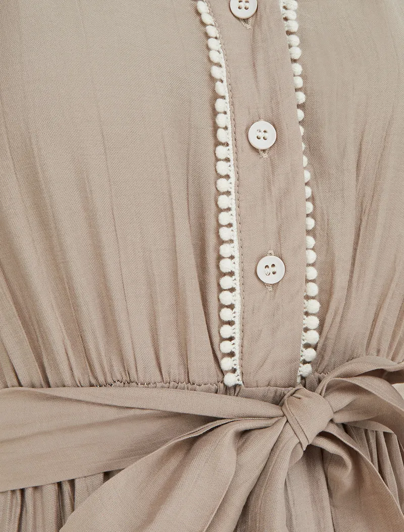 Robe longue à mancherons volantés en crochet - Taupe
