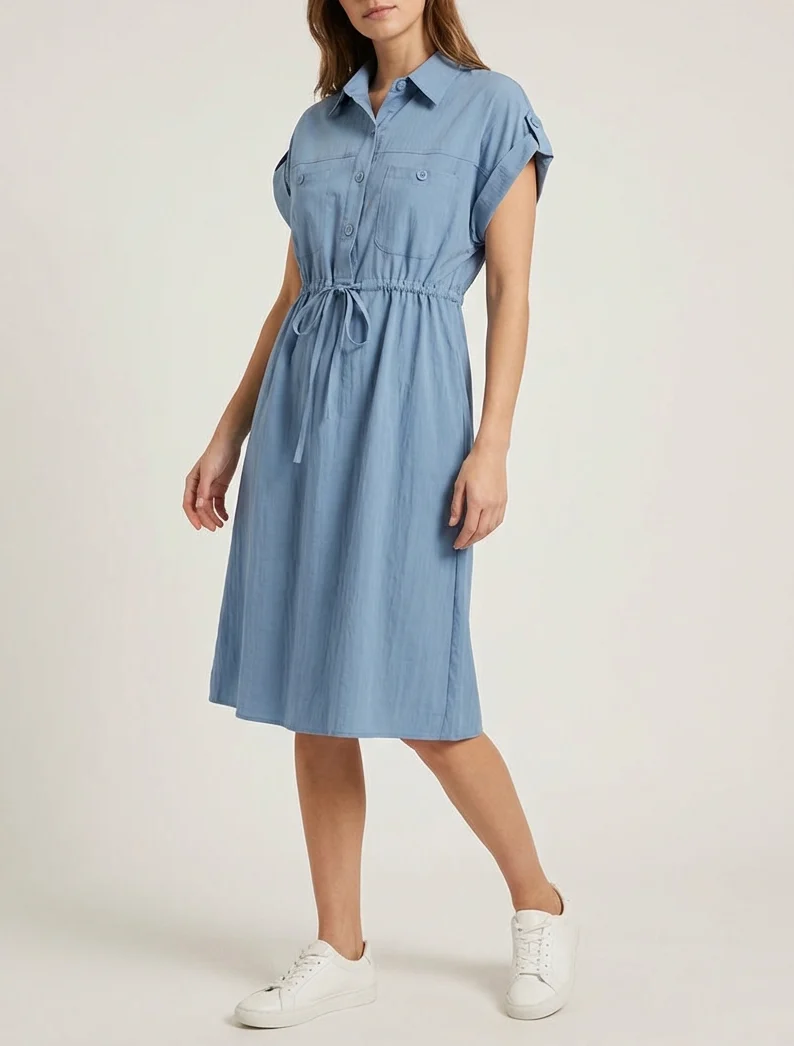 Robe droite unie à manches courtes - Bleu