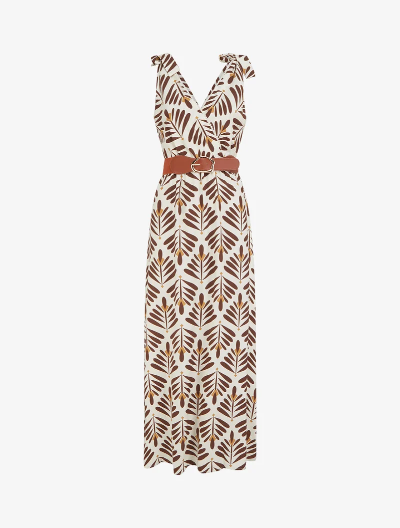 Robe imprimé graphique à bretelles à nouer - Marron