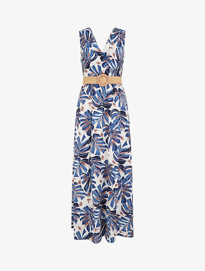 Robe longue évasée sans manches imprimé tropical - Bleu