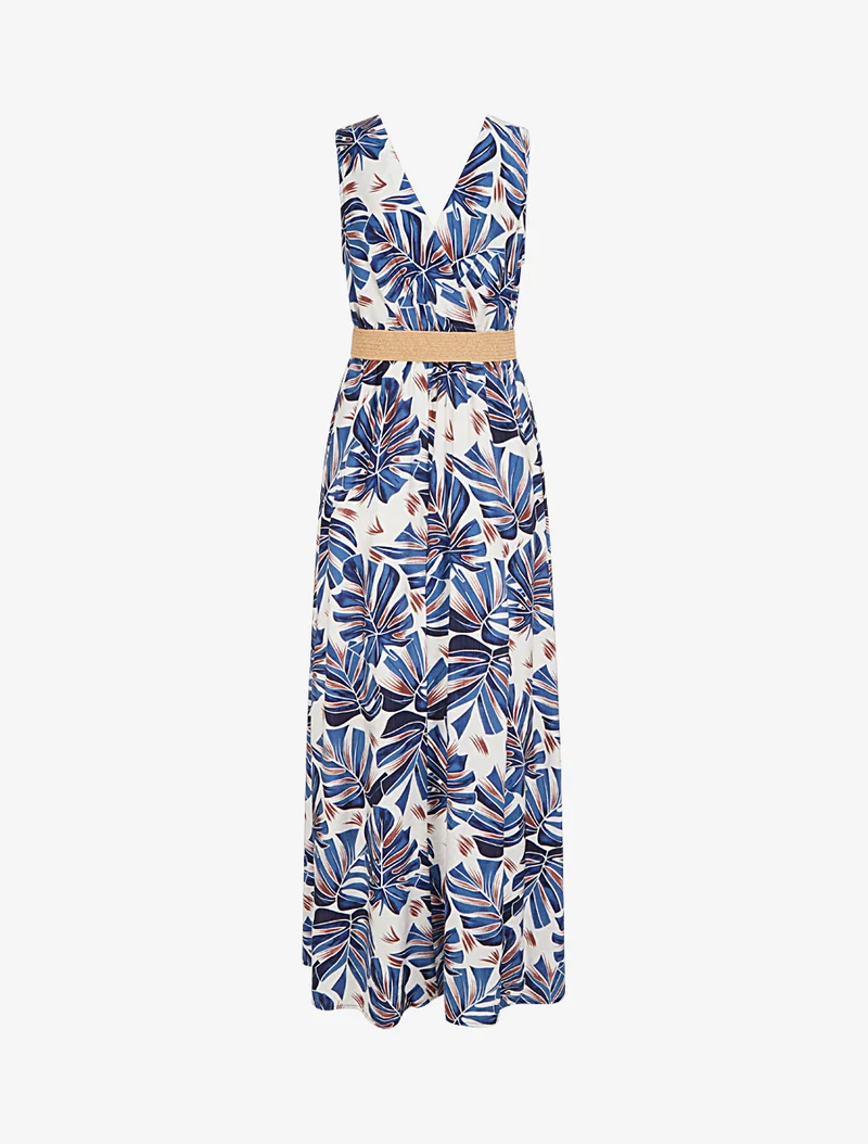 Robe longue évasée sans manches imprimé tropical - Bleu
