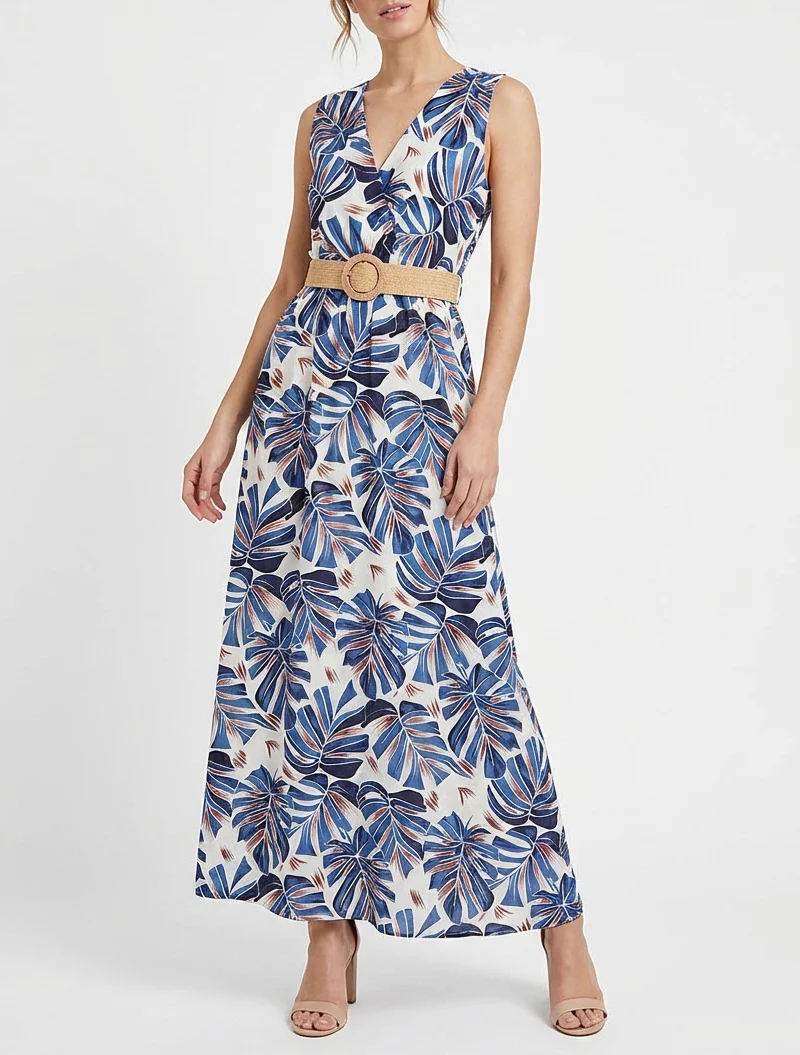 Robe longue évasée sans manches imprimé tropical - Bleu
