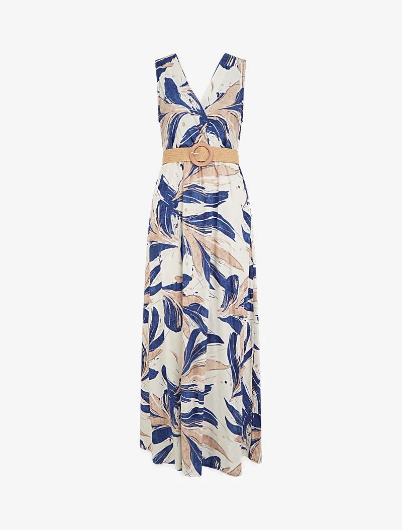 Robe longue évasée sans manches imprimé fantaisie - Bleu