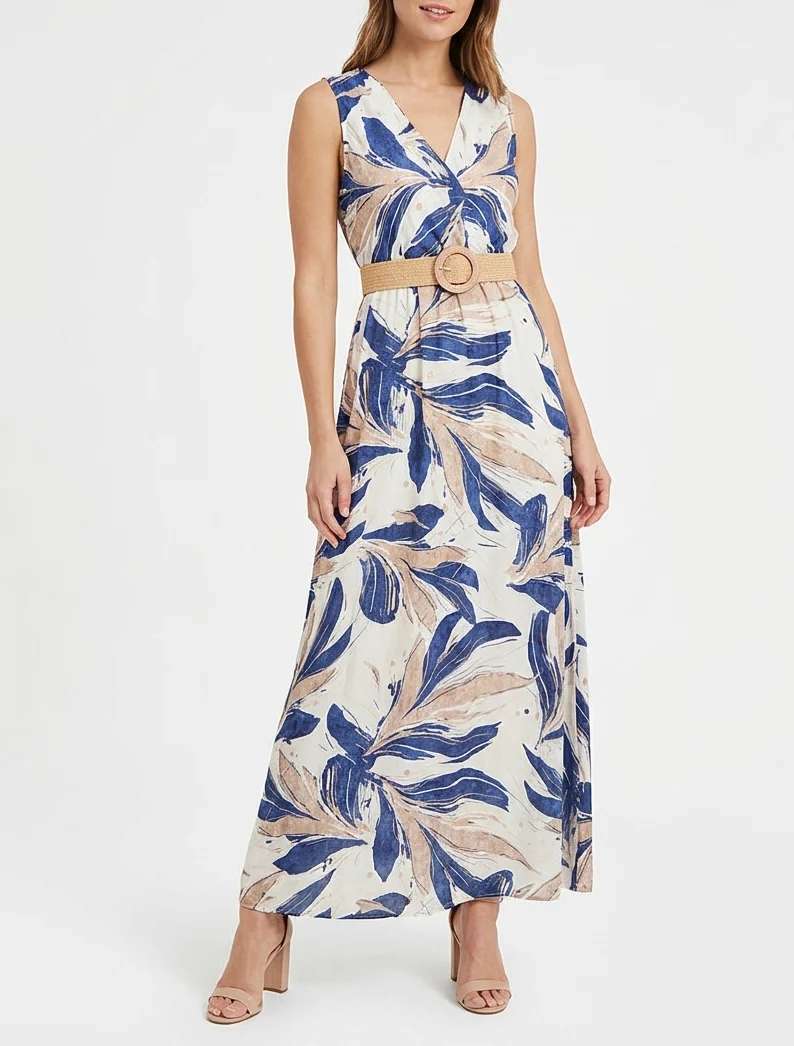 Robe longue évasée sans manches imprimé fantaisie - Bleu