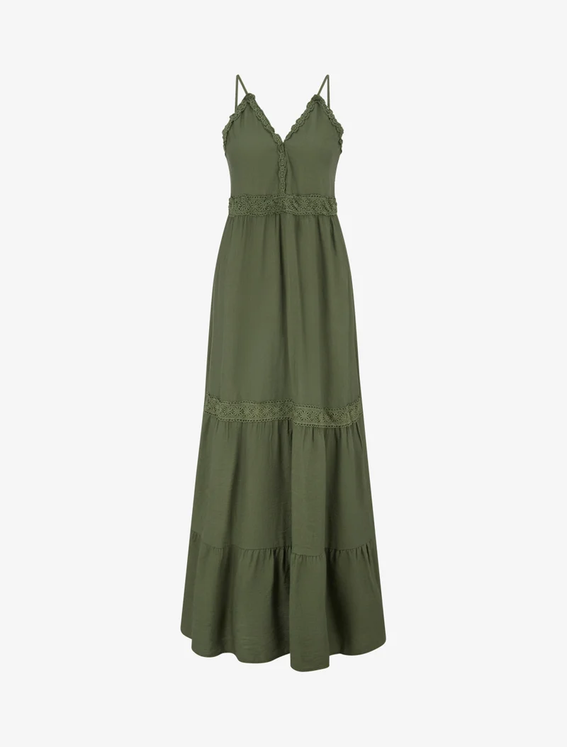 Robe élastiquée à empiècements en crochet - Kaki