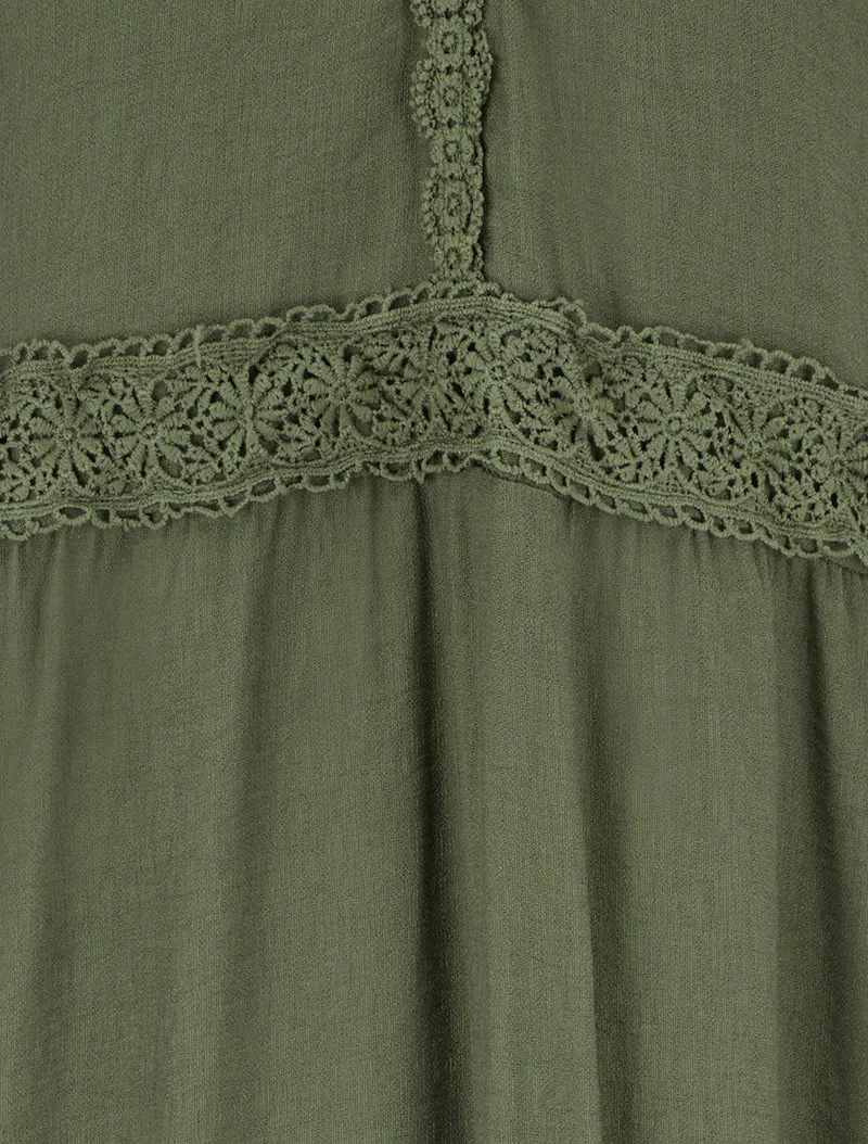 Robe élastiquée à empiècements en crochet - Kaki