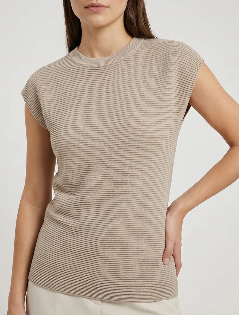Top uni texturé à col rond - Taupe