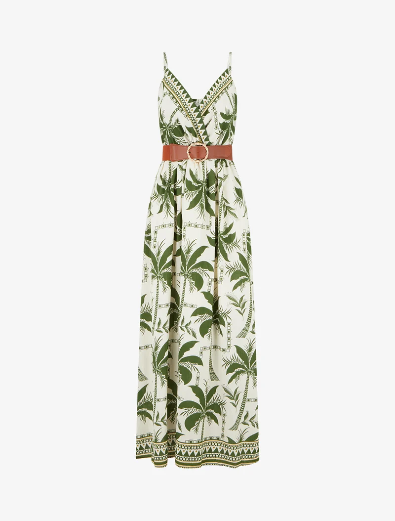 Robe longue à imprimé palmiers - Kaki