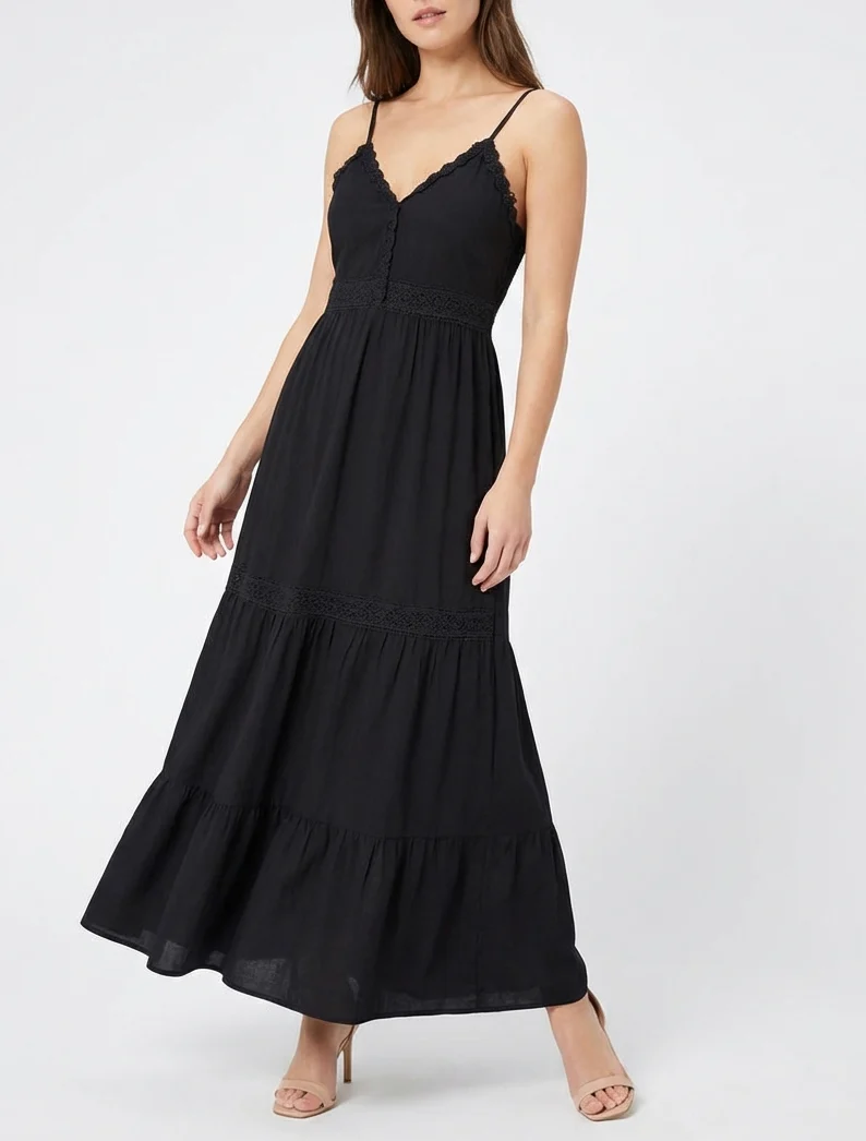 Robe élastiquée à empiècements en crochet - Noir