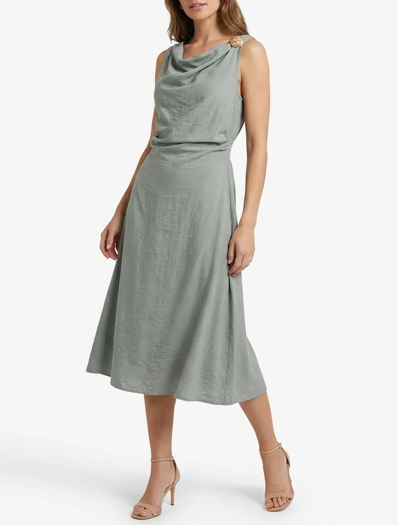 Robe longue sans manches à effet drapé - Vert/gris