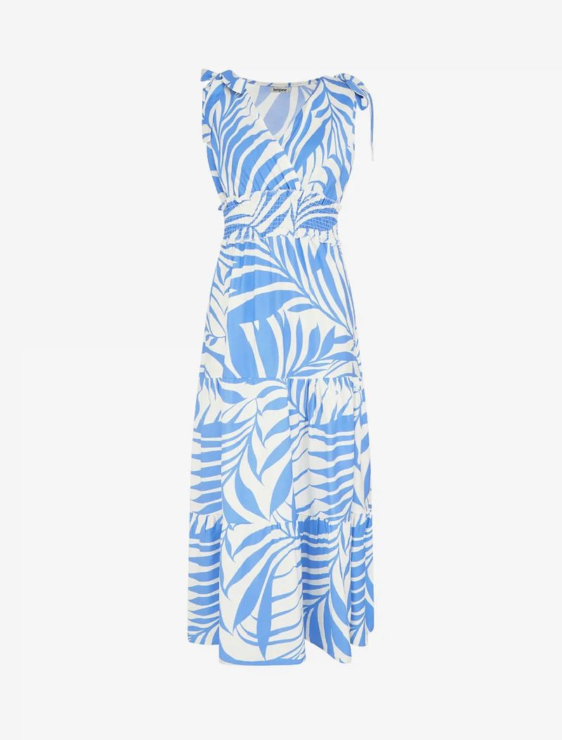 Robe imprimé feuillages à bretelles à noeud - Bleu ciel