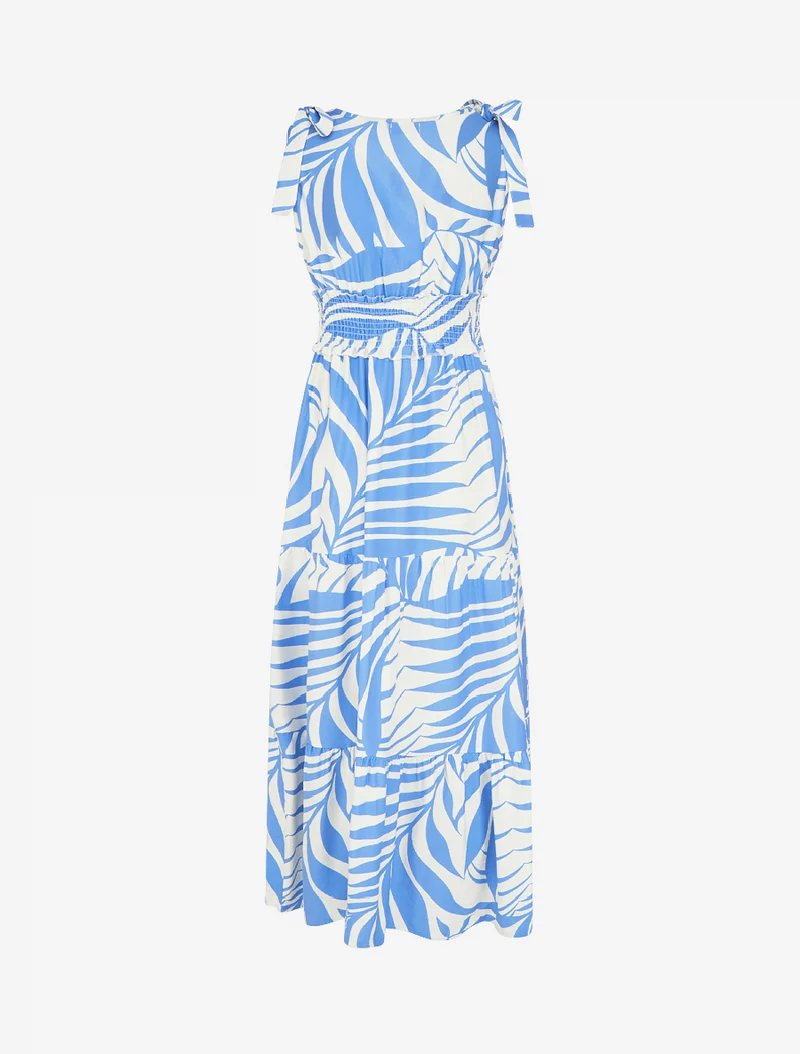 Robe imprimé feuillages à bretelles à noeud - Bleu ciel