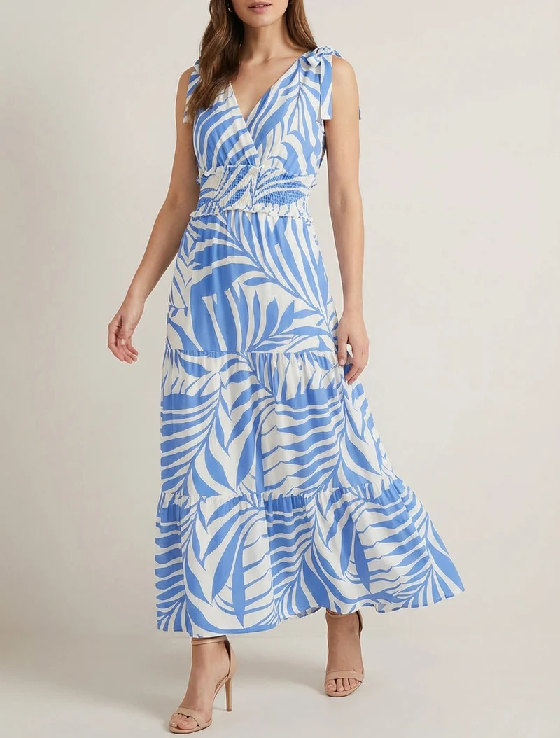 Robe imprimé feuillages à bretelles à noeud - Bleu ciel