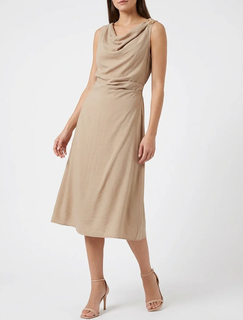 Robe longue sans manches à effet drapé - Beige foncé