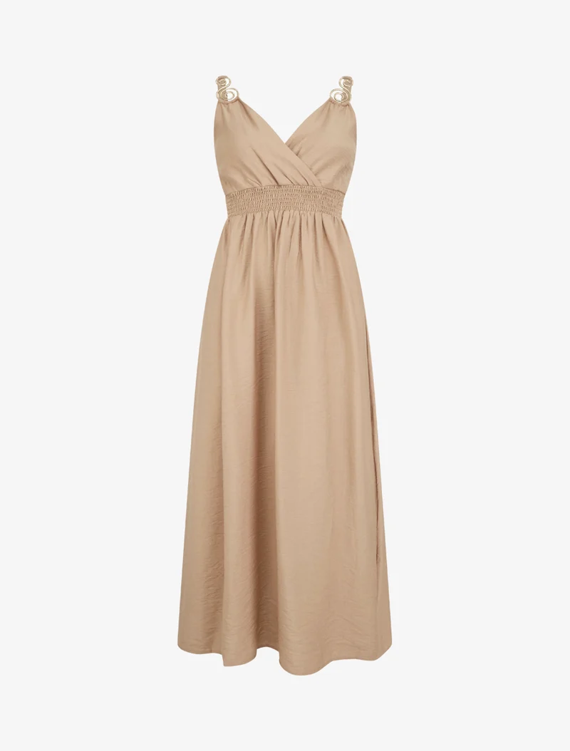Robe longue à bretelles bijoux - Beige