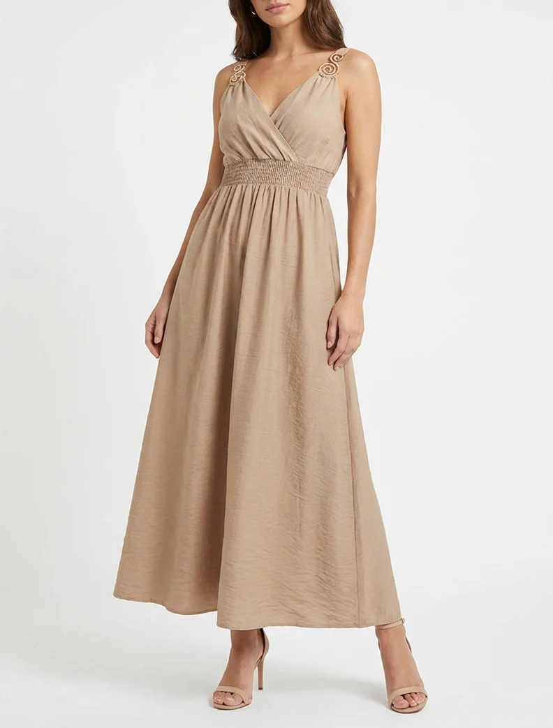 Robe longue à bretelles bijoux - Beige