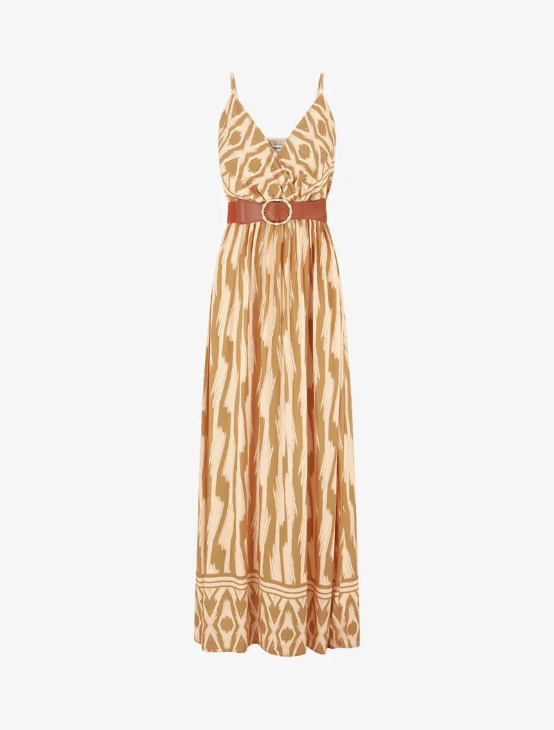 Robe taille élastiquée et imprimé fantaisie - Jaune moutarde