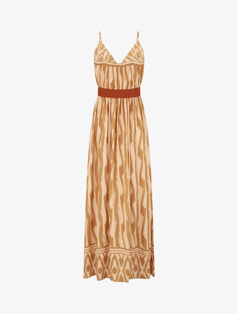 Robe taille élastiquée et imprimé fantaisie - Jaune moutarde
